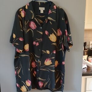 Avenue Floral Button-Up Blouse - Black with Pink and Yellow, 18/20